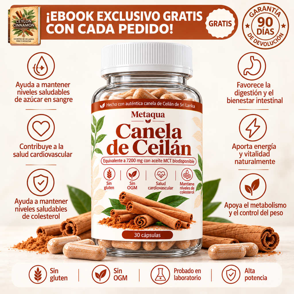 Frasco de Metaqua Canela de Ceilán con canela en rama y cápsulas, 30 cápsulas