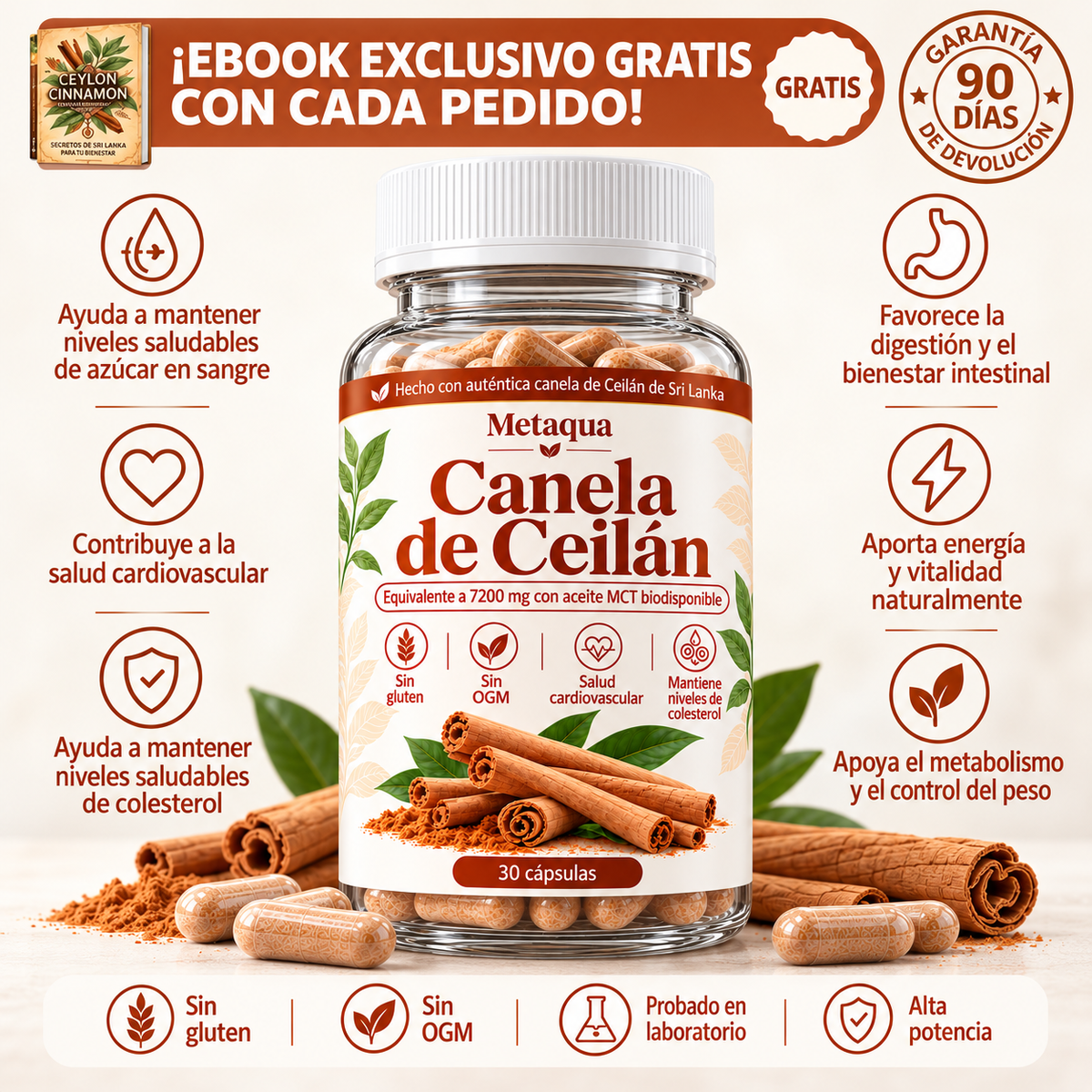 Frasco de Metaqua Canela de Ceilán con canela en rama y cápsulas, 30 cápsulas