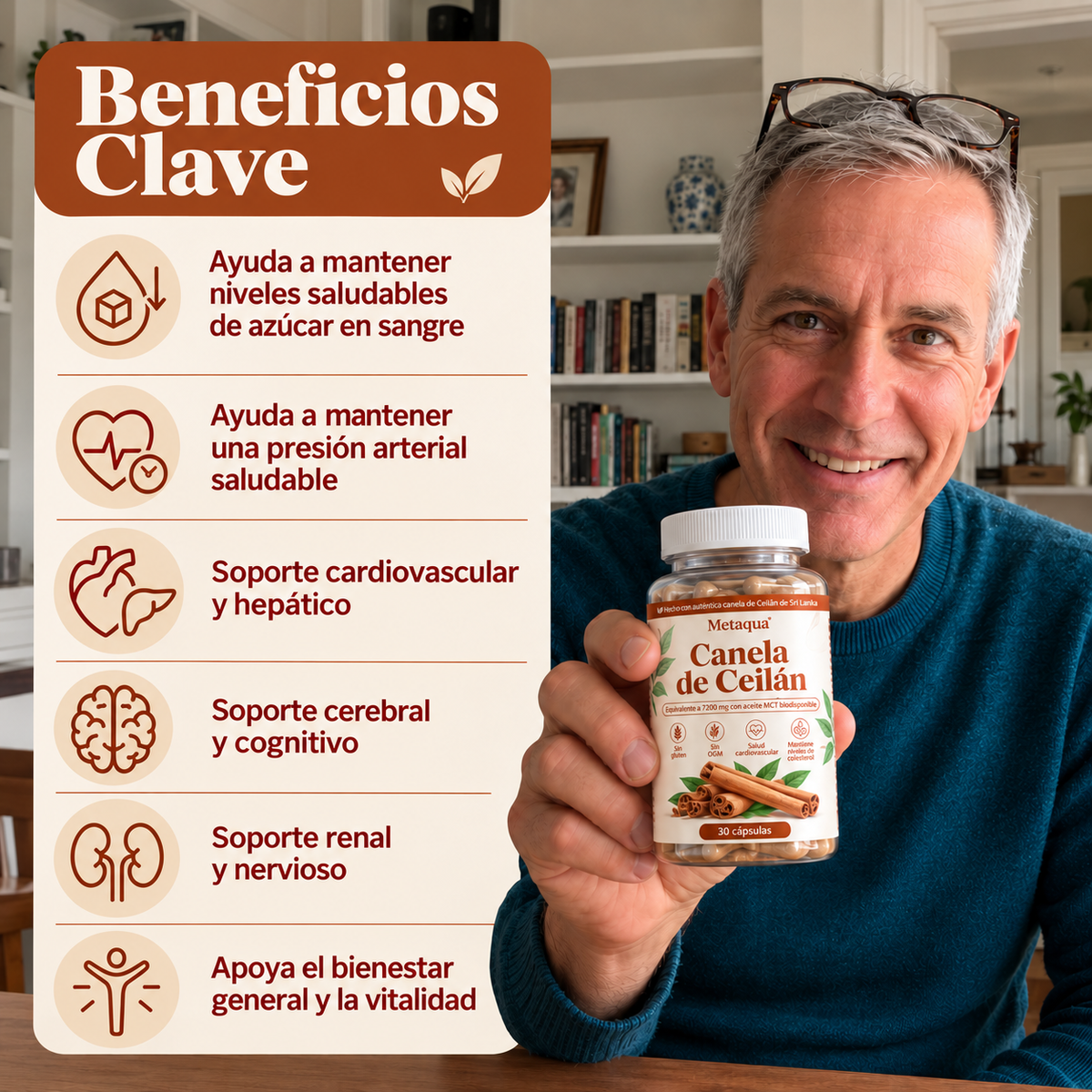 Hombre sonriente sosteniendo un frasco de Metaqua Canela de Ceilán